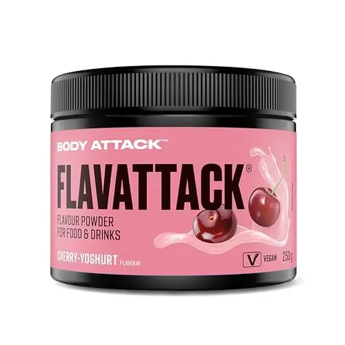 Produktbild: Body Attack Flavattack Cherry Yoghurt, 250 g - nur 7 kcal/Portion - Intensives Flavour Pulver für Müsli, Rice Pudding, Haferflocken, Drinks etc. - Geschmackspulver ohne Palmöl, Aspartam, Gluten