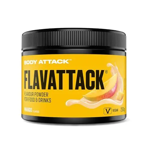Produktbild: Body Attack Flavattack Mango, 250 g - nur 7 kcal/Portion - Intensives Flavour Pulver für Müsli, Rice Pudding, Haferflocken, Drinks etc. - Geschmackspulver ohne Palmöl, Aspartam, Gluten