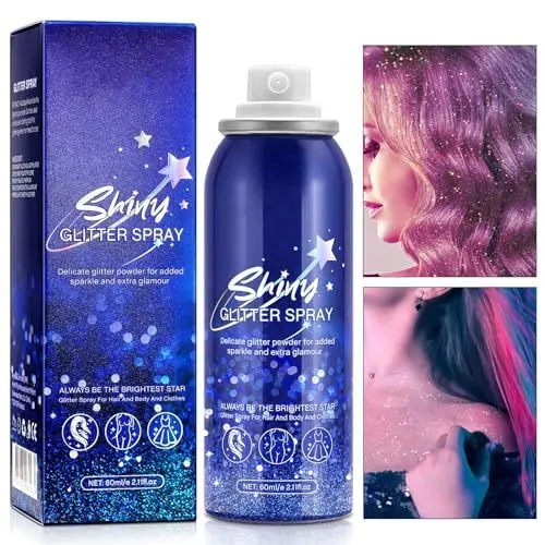 Produktbild: Body Glitter Spray 60ml, 1Pack Glitzer Spray für Haare und Körper Wasserdicht Lang Anhaltende Glitzer für Haut, For Festival Masquerade Birthday Makeup,Für Haut, Gesicht, Haare und Kleidung