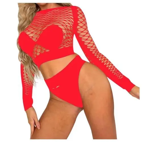 Produktbild: Body Mit langärmliges Bikini-Set aus transparentem Netzstoff, Elegante und verführerische Dessous für Damen“ Sexy Kleid(Rot,Einheitsgröße)