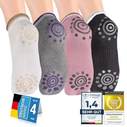 Produktbild: Body & Mind® Damen Socken Yogasocken rutschfeste Stoppersocken·· Pilates, Aerobic & Fitness-Training Strümpfe mit Stopper·· Damensocken für Sport (4 Paare·· Größe 35-40)
