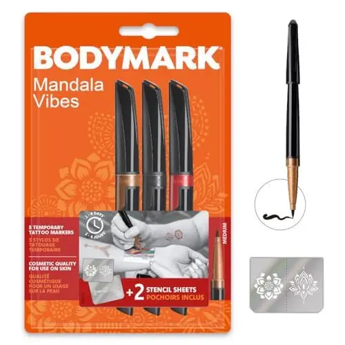 Produktbild: BodyMark by BIC, temporäre Tattoos in 3 verschiedenen Farben, geruchsarme & schnell trocknende Tattoo Stifte für die Haut mit 2 Schablonen