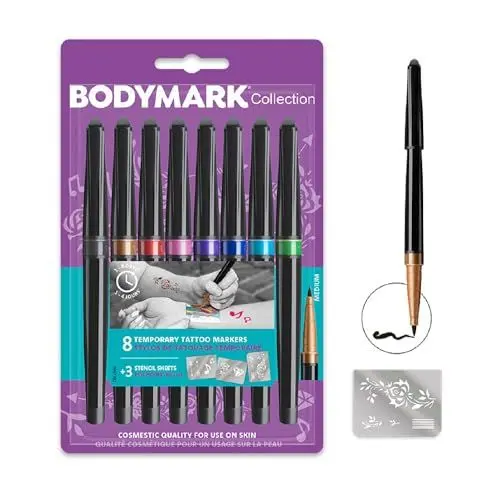 Produktbild: BodyMark by BIC, temporäre Tattoos in 8 Farben, geruchsarme & schnell trocknende Tattoo Stifte für die Haut mit 3 Schablonen