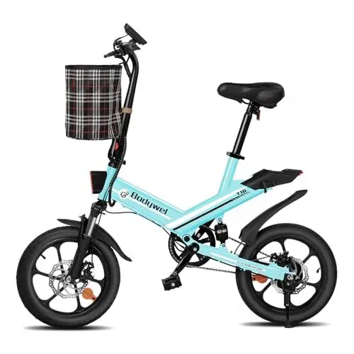 Produktbild: Bodywel T16 Mini E Bike 16 Zoll Elektrofahrrad 250W 36V/10.4AH Akku mit APP Funk Max 55km 4.5 Zoll LED Display Vollfederung für Herren Damen (Blau)