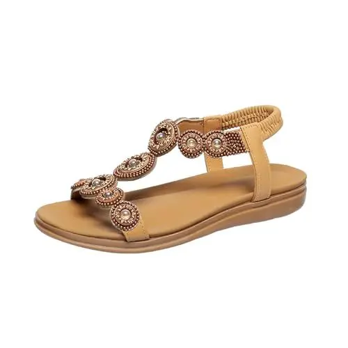 Produktbild: Böhmische Sandalen Damen Elastische Perlen Diamant Flache Flache Oversize Flache Schuhe Für Urlaub Und Arbeit, H 08 Khaki, 37 EU Large, H 08 Khaki, 37 EU Larga