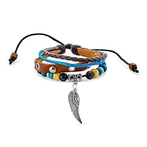 Produktbild: Böhmische Seil Braun Echtes Leder Seil Zopf Mehrschichtiger Türkisfarbener Holzperlen-Anhänger Engelsflügel-Feder-Charm-Armband Dreifach-Wickelarmband Westschmuck Für Frauen Männer Verstellbar