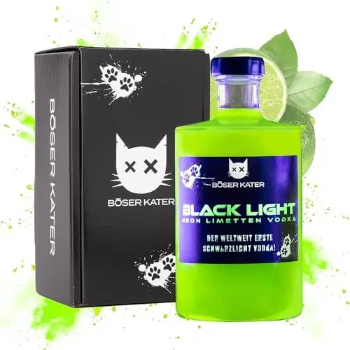 Produktbild: BÖSER KATER Blacklight Vodka | Weltweit erster Schwarzlicht Neon Vodka mit Leucht-Effekt | Partydrink | Fruchtiger Limettengeschmack | In hochwertiger Geschenkbox | Geschenkidee | 0,5l 40% Vol.