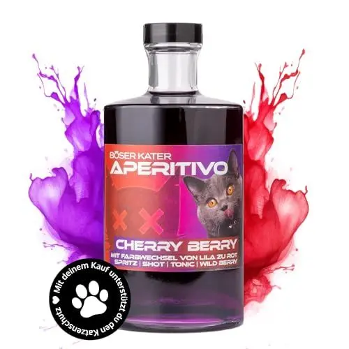 Produktbild: BÖSER KATER Cherry Berry Aperitivo | Farbwechsel Effekt von Lila zu Rot durch Tonic oder Secco | Kirsche Beeren Frucht Likör | Ideal als Spritz oder Cocktail | Perfekte Geschenkidee 0,5l 15% Vol.