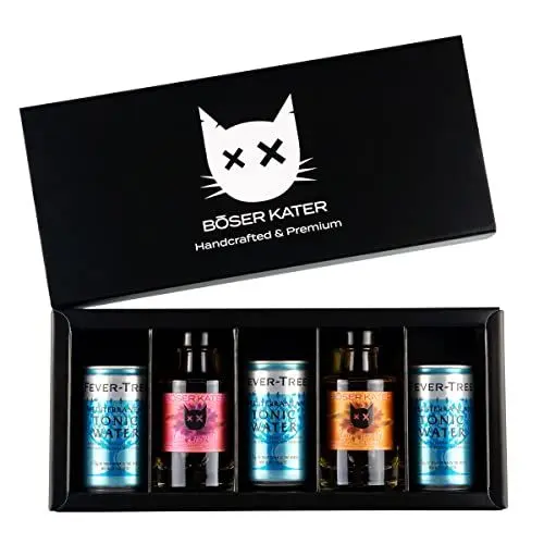 Produktbild: BÖSER KATER Gin-Aperitif Tasting-Set | Hochwertige Geschenkbox | Perfekte Geschenkidee | 2x 100ml Gin-Aperitif + 3x 150ml Fever Tree Tonic Water | Tasting für bis zu 5 Personen
