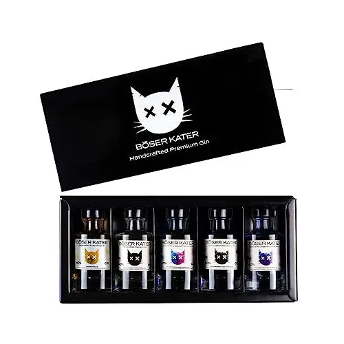 Produktbild: BÖSER KATER Farbwechsel Gin Tasting-Set | Hochwertige Geschenkbox | Perfekte Geschenkidee | 5 handgemachte Sorten je 100ml | Gin-Tasting zuhause für bis zu 5 Personen