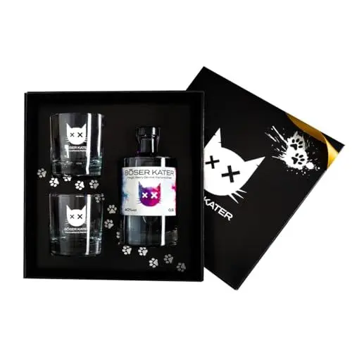 Produktbild: BÖSER KATER Magic Berry Farbwechsel Gin Geschenkset mit 2 Gläsern | das perfekte Gin Geschenk in hochwertiger Box | Farbwechsel-Effekt von Violett zu Rot durch Tonic Water | 0,5l 40% Vol.