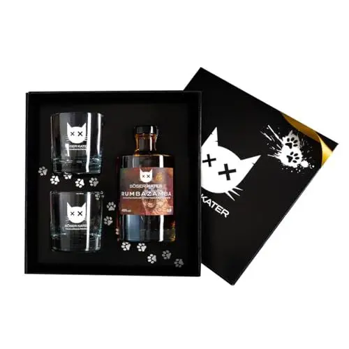 Produktbild: Böser Kater RUMbazamba Caramel Toffee Geschenkset mit 2 Gläsern, feine Geschmacksnoten von Rum & Karamell, das perfekte Geschenk in hochwertiger Box, 0,5l 40% Vol.