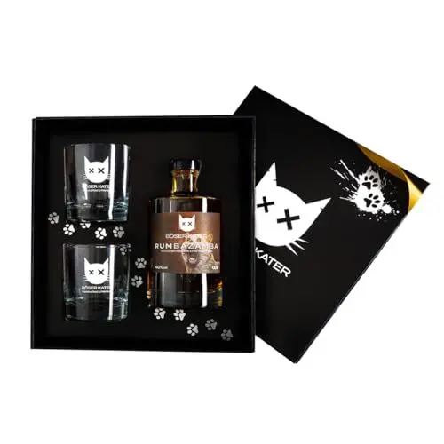 Produktbild: Böser Kater RUMbazamba Classic Spiced Geschenkset mit 2 Gläsern, feine Geschmacksnoten von Rum, das perfekte Geschenk in hochwertiger Box, 0,5l 40% Vol.