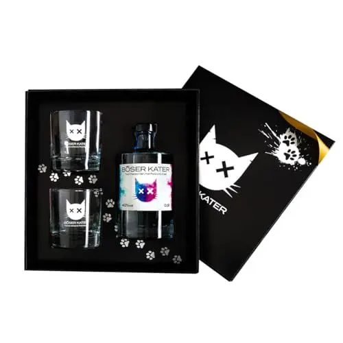 Produktbild: BÖSER KATER Magic Two Faced Gin mit Farbwechsel-Effekt von Blau zu Violett durch Tonic Water | Geschenkset mit 2 Gläsern | das perfekte Geschenk in hochwertiger Box | 0,5l 40% Vol.