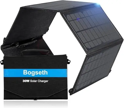 Produktbild: Bogseth 30W Solarpanel Faltbar 2 USB Anschluss Wasserdichtes Tragbares Solarladegerät für Handy,PD18W QC3.0 USB C Solar Panel Outdoor, Camping Charger für iPhone Smartphone Tablets usw