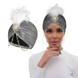 Produktbild: Bohend Blume Strass Turban Mütze Vintage Perlenkopfbedeckung Beanie Vorgebundene Plissierte Haube Frauen Brosche Feder Kopfbedeckung Hut (Polyester, Silber)