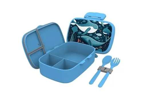 Produktbild: BOHEVA Lunchbox für Kinder, Bentobox, Brotdose, BPA-Frei, Bento-Box, Snackbox mit Fächern, Vesperbox, Kinder-Lunchbox, BPA Free, Wal Design, auslaufsicher, robust und mikrowellengeeignet