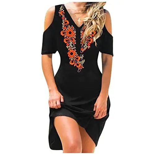 Produktbild: Boho Kleid Damen Wadenlang Schulterfrei V Ausschnitt Sommerkleid Damen Blumen mit ärmeln Kleider Damen Sommer A Linie Luftig Strandkleid Damen Leicht Muster Damen Kleider Sommer Elegant