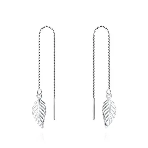 Produktbild: Boho Stäbchen Durchzieher Ohrringe Lang Silber 925 FüR Damen Blatt Quasten EinfäDler Kette Ohrringe Hängend 93mm