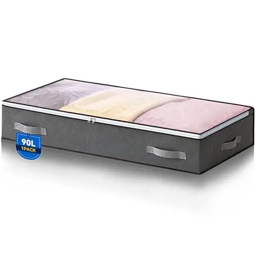 Produktbild: Boic 1 Stück 90L Unterbettkommode, Unterbett Aufbewahrungsbox mit deckel, Faltbare Kleidung Aufbewahrung Aufbewahrungstasche für Bettdecken Kleidung Unterbett Kleiderschrank, Grau