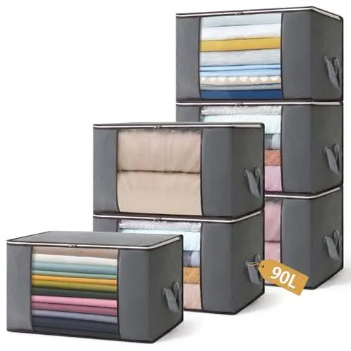 Produktbild: Boic 6 Stück 90L Aufbewahrungstasche, Aufbewahrungsbox mit Deckel, Groß Kleideraufbewahrung Umzugskartons, Faltbare Aufbewahrung Boxen für Bettdecken Decken Kleidung Unterbett Kleiderschrank, Grau