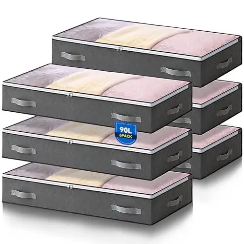Produktbild: Boic 6 Stück 90L Unterbettkommode, Unterbett Aufbewahrungsbox mit deckel, Faltbare Kleidung Aufbewahrung Aufbewahrungstasche für Bettdecken Kleidung Unterbett Kleiderschrank, Grau