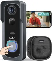 Produktbild: BOIFUN Video Türklingel mit Kamera, Funk Innenklingel Set - 166° Blickwinkel, 2K HD-Video, Nachtsicht, Bewegungserkennung und Alarme, Sprechanlage, Aussen Wasserdicht, Einfache Installation (WLAN)