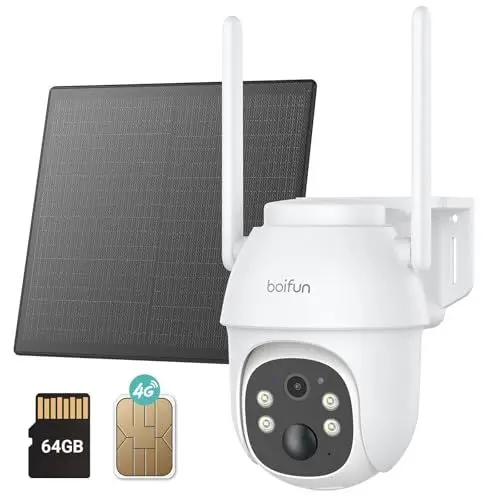 Produktbild: BOIFUN 4G/3G LTE Aussen Kamera mit SIM-Karte und 64GB Speicherkarte, Kein Aufladen Erforderlich 2K/3MP Solar Kamera mit Akku, 100% kabellos, Vollfarb-Nachtsicht