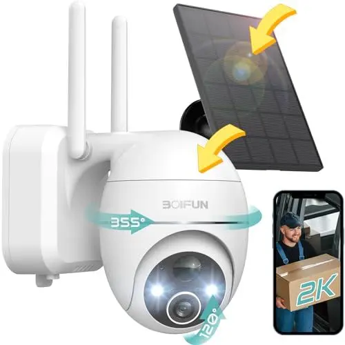 Produktbild: BOIFUN 2K Überwachungskamera Aussen, 360° WLAN Camera Outdoor Wireless, Solarbetriebene Überwachungskamera mit Bewegungsmelder, Farb-Nachtsicht, Zweiweg-Audio, 2.4GHz WLAN