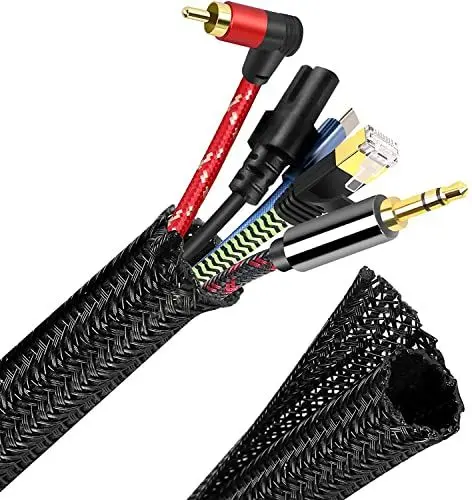 Produktbild: Bokadzi Kabelschlauch, 2X1.6M selbstschließend Kabelkanal, Durchmesser 8mm, gewebter und zuschneidbar Kabelmantel Bissfest für Katze Hund, Kabelmanagement für Computer,TV,Büro,Automobil, Schwarz
