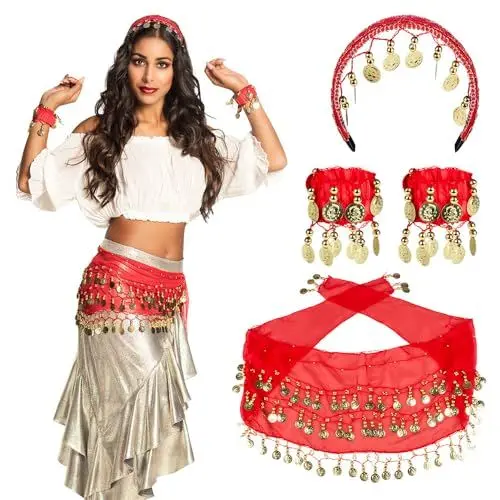 Produktbild: Boland 00458 - Gypsy Set Rot, Haarreif, Armband, Hüft-Tuch, Bauchtanz, Gold, Münzen, Perlen, Hüftschwung, Tanz, Karneval, Halloween, Fasching, Mottoparty, Verkleidung, Theater, Accessoire