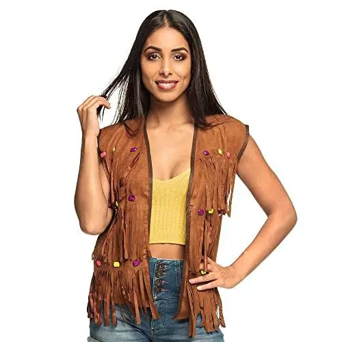 Produktbild: Boland 44521 - Hippie-Weste für Erwachsene, Größe M/L, Braun mit bunten Details und Fransen, Flower Power, Karneval, Mottoparty