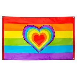 Produktbild: Boland 44721 - Polyester Fahne Regenbogen, bunt, Größe 90 x 150 cm, mit Metallösen, Herz, Christopher Street Day, Hippie, Homosexualität, Dekoration