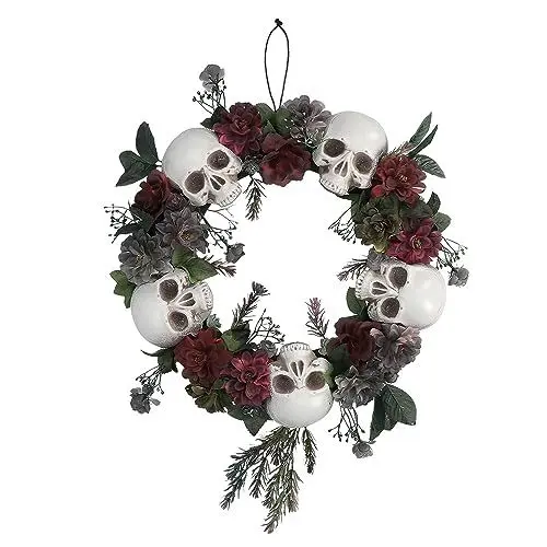 Produktbild: Boland 73071 - Blumenkranz mit Totenkopf Deko, 40,5 x 7 cm, Türkranz als Halloween Deko, Horror Deko für Karneval und Mottoparty