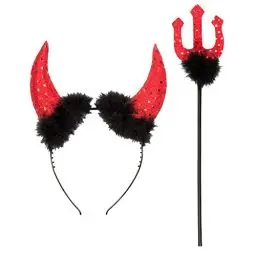 Produktbild: Boland 74433 - Kostümset Teufel, Set aus Haarreif mit Hörnern und Dreizack (30 cm), Schwarz-Rot mit Pailletten, Accessoires, Kostüm, Karneval, Mottoparty, Halloween