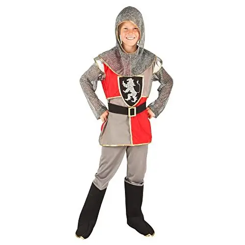 Produktbild: Boland - Kinderkostüm Sir Templeton, Ritter, Mittelalter, Wappen auf der Brust, Kopfhaube, Stiefelstulpen, Karneval, Fasching, Mottoparty, Grau, 110