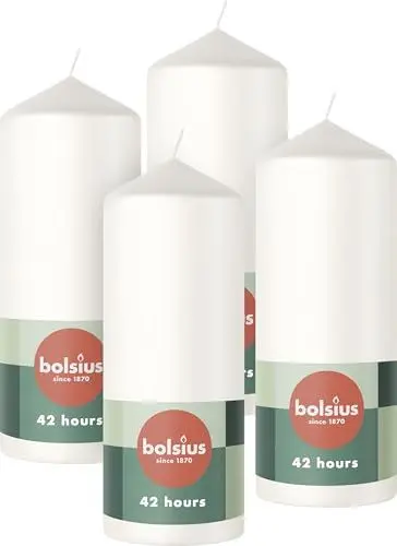 Produktbild: Bolsius Glatte Stumpenkerzen - Weiß - 4 Stück - 15 x 6 cm - Dekorative Haushaltkerzen - Länge Brenndauer 42 Stunden - Unparfümierte - Enthält Natürliches Pflanzenwachs - Ohne Palmöl