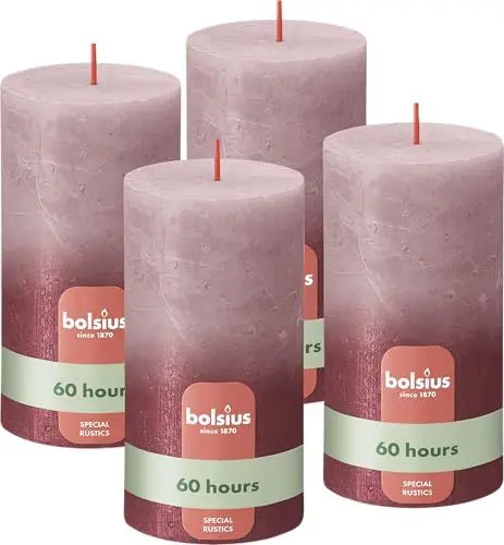 Produktbild: Bolsius Rustik Stumpenkerzen - Fading Metallic -Rose & Rot - 4er Pack - Lange Brenndauer 60 stunden - Unparfümiert - Enthält Natürliches Pflanzenwachs - Ohne Palmöl - 13 x 7 cm
