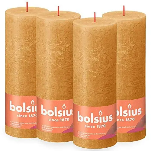 Produktbild: Bolsius Rustik Stumpenkerzen - Ockergelb - Set 4 Stück - Dekorative Haushaltkerzen - Länge Brenndauer 85 Stunden - Unparfümierte - Natürliches Pflanzenwachs - Ohne Palmöl - 19 x 7 cm