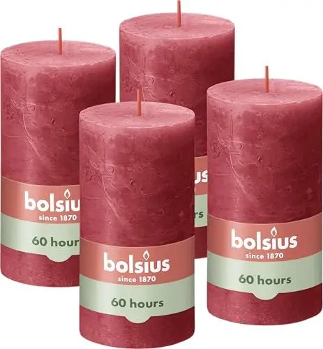 Produktbild: Bolsius Rustik Stumpenkerzen - Rot - 4 Stück - 13 x 7 cm - Länge Brenndauer 60 Stunden - Unparfümierte - Natürliches Pflanzenwachs - Ohne Palmöl