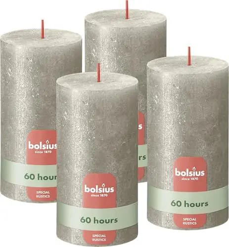 Produktbild: Bolsius Rustik Stumpenkerzen - Shimmer Champagner - Set 4 Stück - Dekorative - Länge Brenndauer 60 Stunden - Unparfümierte - Natürliches Pflanzenwachts - Ohne Palmöl - 13 x 7 cm