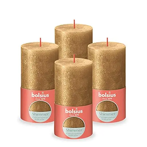 Produktbild: Bolsius Rustik Stumpenkerzen - Shimmer Gold - Set 4 Stück - Dekorative Haushaltkerzen - Länge Brenndauer 60 Stunden - Unparfümierte - Natürliches Pflanzenwachs - Ohne Palmöl - 13 x 7 cm
