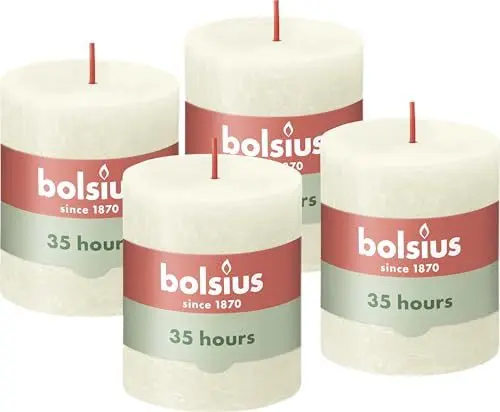 Produktbild: Bolsius Rustik Stumpenkerzen - Weiß - 4 Stück - 8 x 7 cm - Länge Brenndauer 35 Stunden - Unparfümierte - Natürliches Pflanzenwachs - Ohne Palmöl