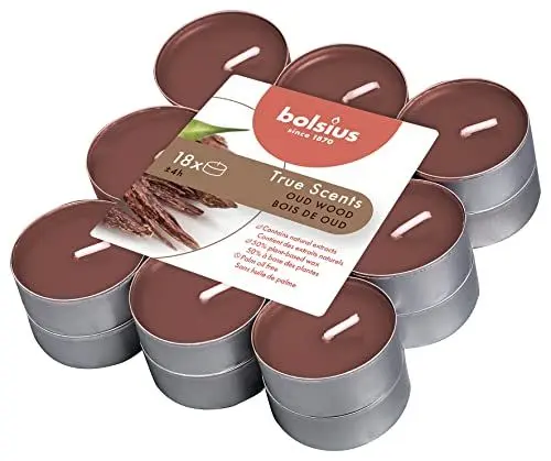 Produktbild: Bolsius True Scents – 18 Teelichter – Oud Wood – Brenndauer: 4 Stunden – Innendekoration – natürliche Extrakte – mit natürlichem veganem Wachs