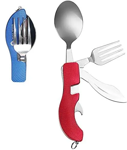 Produktbild: BOLTHO 2Pcs Camping besteck, 4 in 1 Camping-Utensilien mit Gürteltasche, Camping Klappbesteck für Survival/Camping/Picknick im Freien (Blau und Rot)