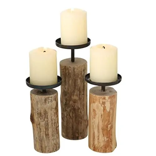 Produktbild: Boltze Kerzenständer Tempe (3-teiliges Set, Kerzenhalter aus Holz + Metall, stilvolles Design, Dekoration Esstisch / Kommode, Boho Stil) 4221400