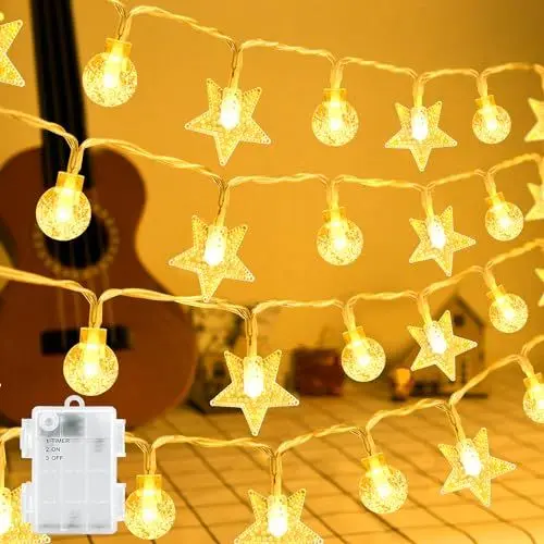 Produktbild: BOLWEO LED Lichterketten Sterne, 6M/19.68ft 40Led Batteriebetriebene Lichterkette IP65 Wasserdicht Lichterketten mit Timer für Garten,Balkon,Terrasse,Hochzeiten,Partys,Weihnachtsdeko