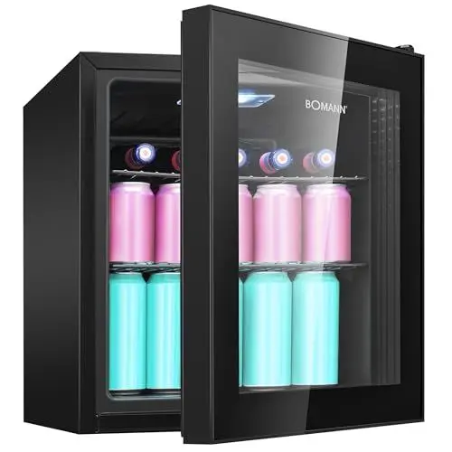 Produktbild: Bomann® Getränkekühlschrank für bis zu 55 Dosen | Kühlschrank mit Glastür 42db leise | 2 Ablagen | Kühlschrank Getränke 46L | Mini Kühlschrank Glastür | Minibar für Büro, Outdoor und Gaming | KSG 7291