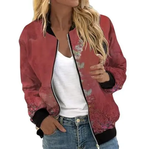 Produktbild: Bomberjacke Damen Kurze Blumenmuster Blouson Jacke mit Reißverschluss Herbst Frühling College Jacke Leichte Sommerjacke Damen Casual Pilotenjacke Langarm Outwear Pilotenjacke Bomberjacke