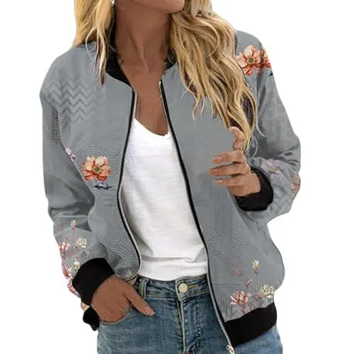 Produktbild: Bomberjacke Damen Kurze Blumenmuster Bluson-Damen Jacke mit Reißverschluss Herbst Frühling College Jacke Leichte Sommerjacke Damen Casual Pilotenjacke Langarm Outwear Blouson Pilotenjacke